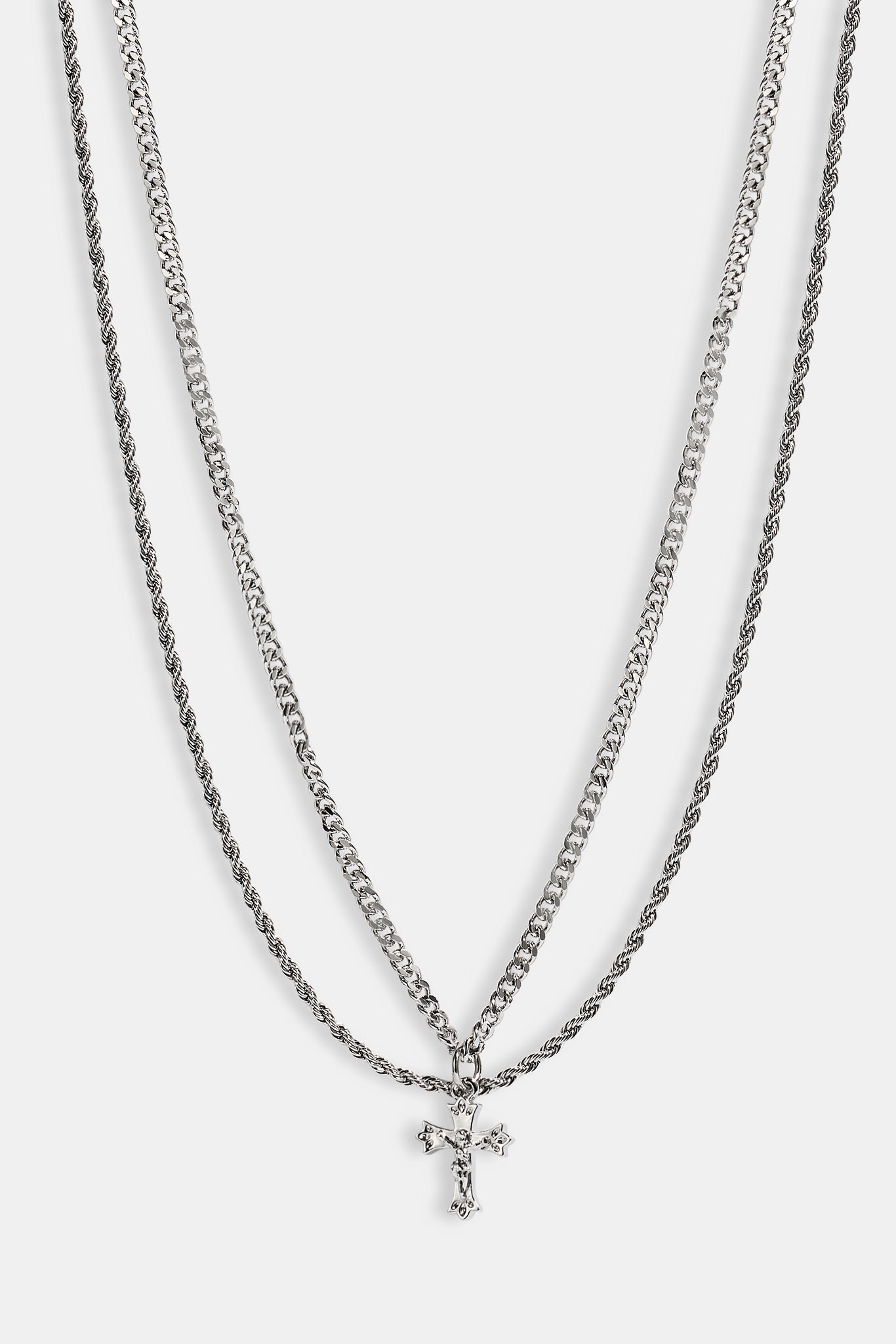 Double Layer Cuban & Rope Crucifix Necklace - 15mm - White
